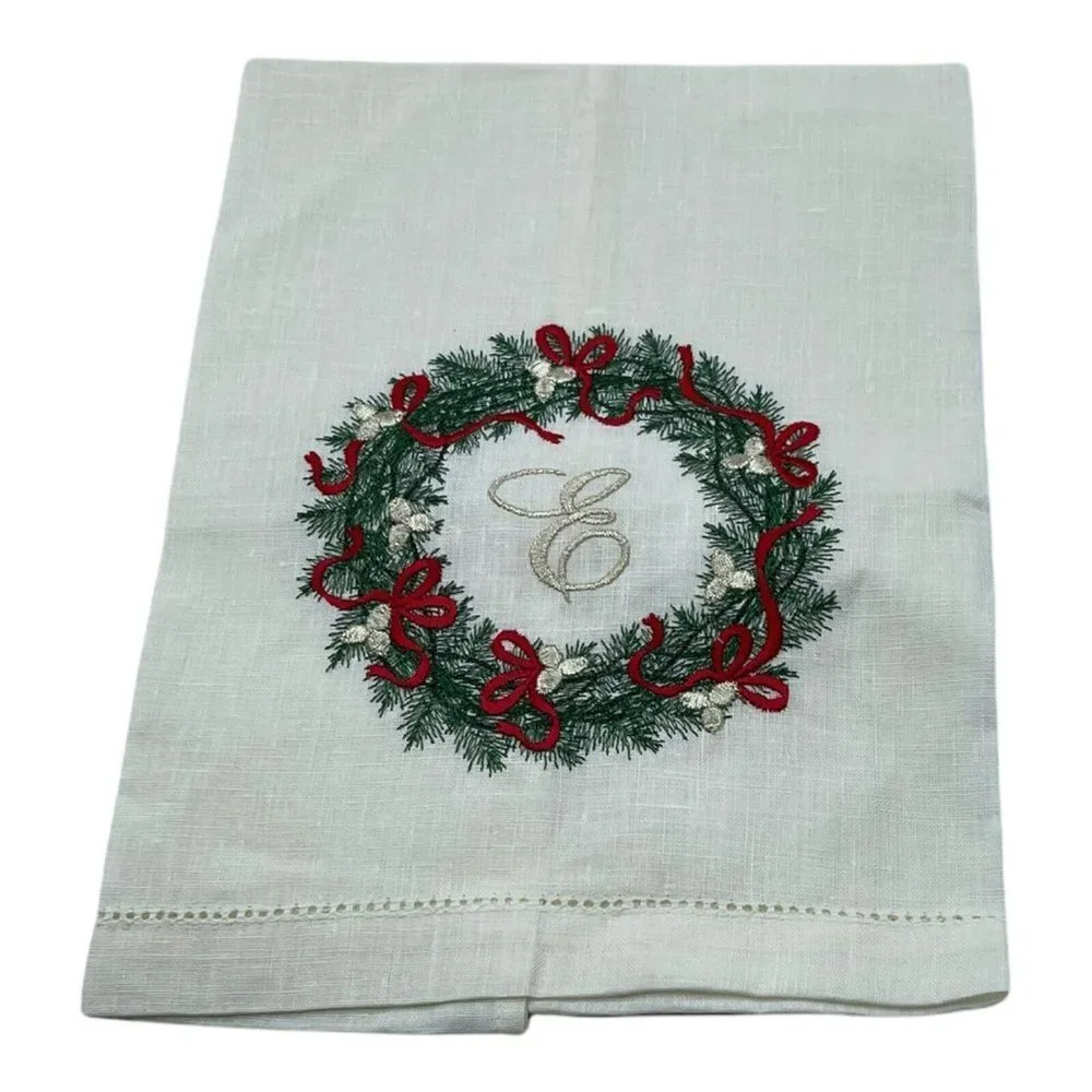 Embroidered Monogram Letter E Christmas Linen Handtowel Wreath Design